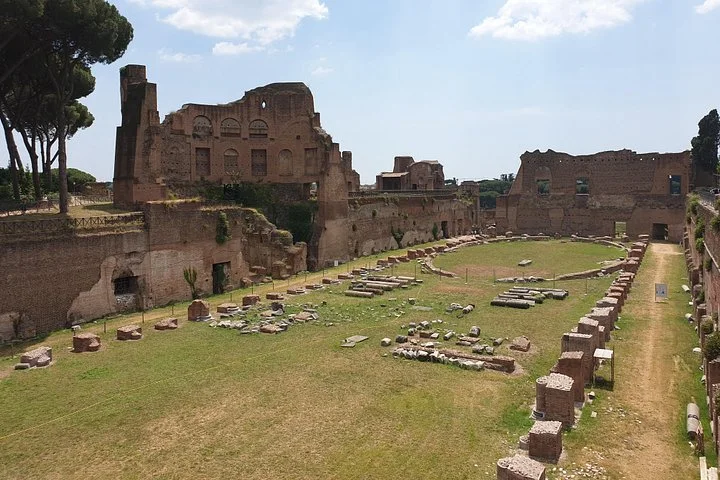 Long sunlit garden ruins of the imperial palace on Palatine Hill