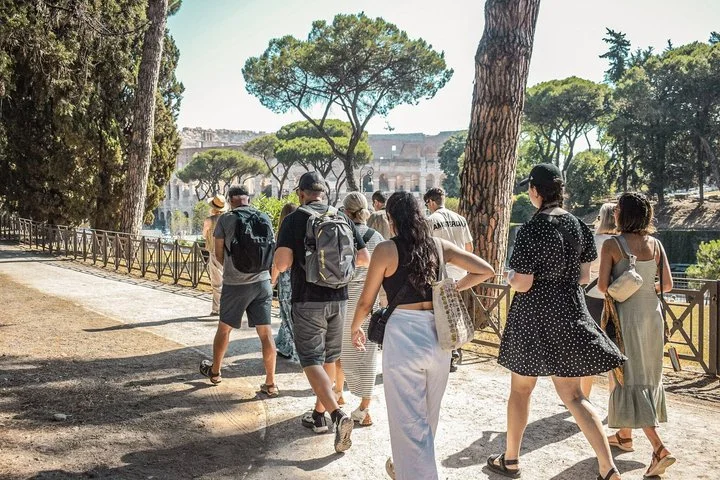 Visitors walking among umbrella pines on an archaeological path