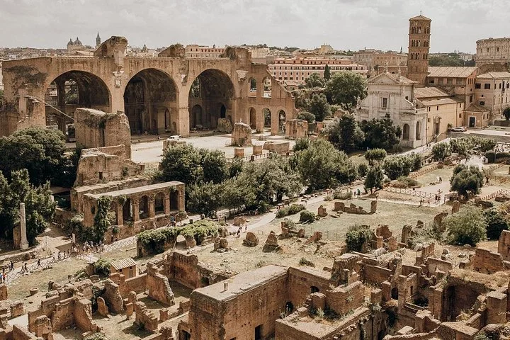 Panoramic Roman Forum ruins and trees