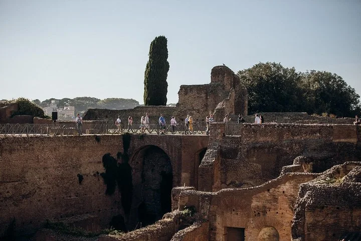 Visitors walk above deep brick ruins on Palatine Hill.