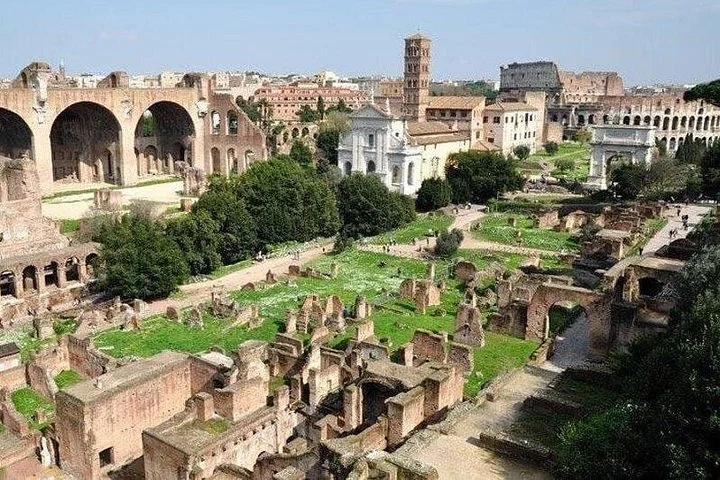 Roman Forum panorama with the Colosseum in the distance