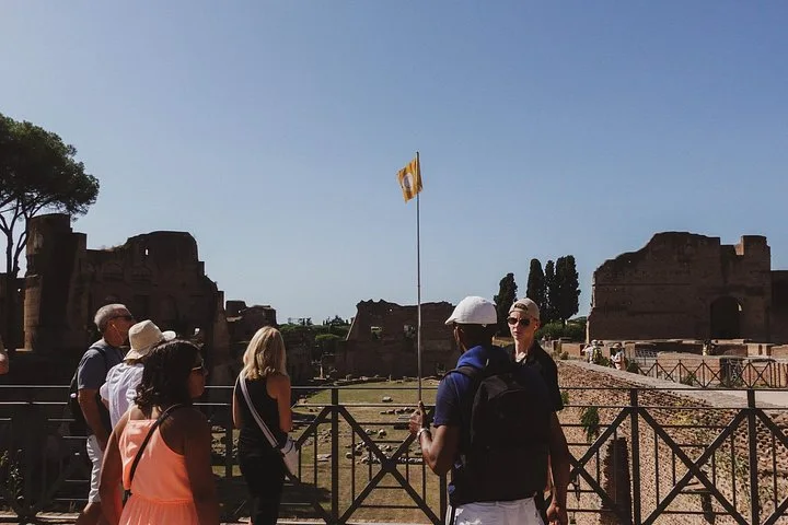 Guide and visitors beside the palace ruins on Palatine Hill