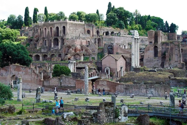 Green terraces and ancient palace walls on Palatine Hill
