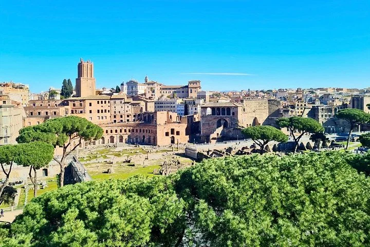 Green ancient Rome panorama with Forum ruins and the city skyline
