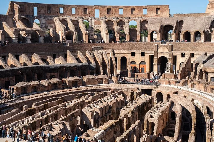 Broad Colosseum interior with hypogeum walls viewed from above