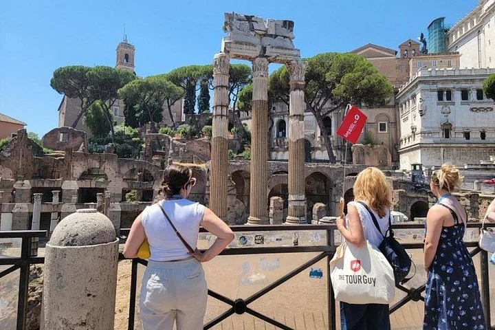 Guide and visitors beside the Temple of Saturn in the Roman Forum