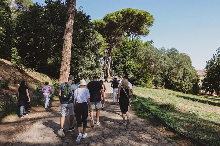 Visitors walking along a pine-lined archaeological path on Palatine Hill