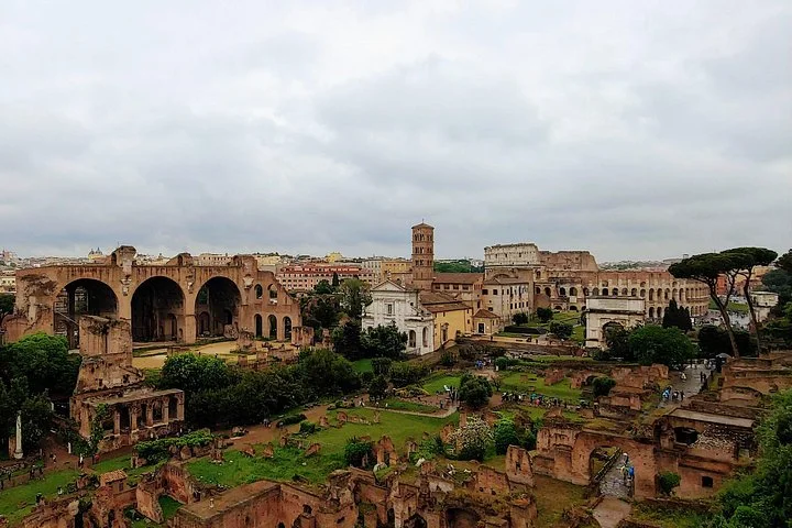 Roman Forum panorama beneath a cloudy sky