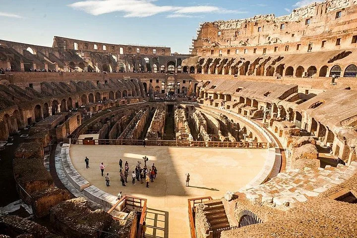 The Colosseum arena and underground chambers are viewed from above.