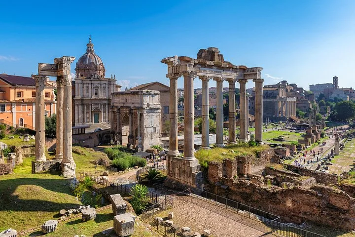 Temple columns and green Roman Forum ruins