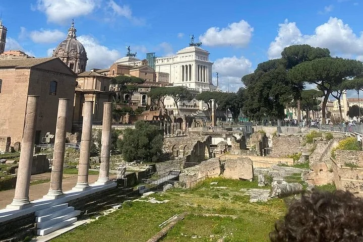 Columns and umbrella pines frame the Roman Forum beneath blue skies.