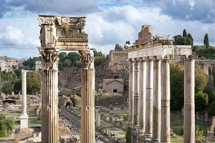 Ancient columns rising above the Roman Forum