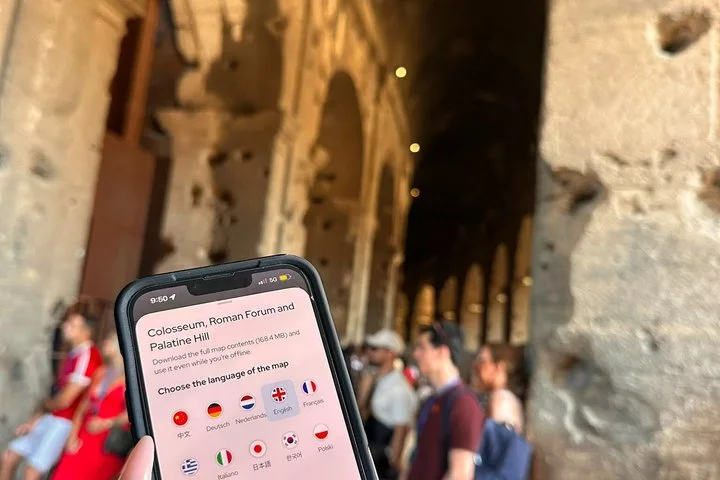 Audio commentary displayed on a phone inside the Colosseum