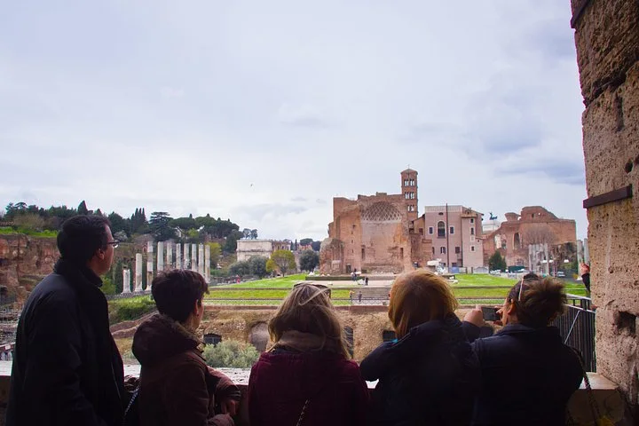 Visitors look out across the Roman Forum's columns and green lawns.