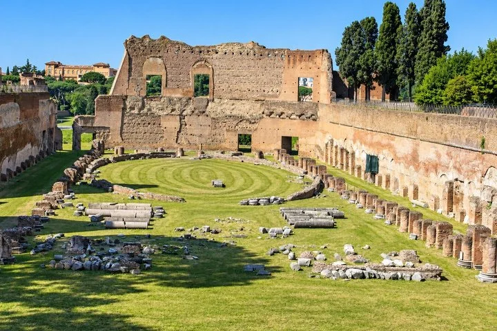 Ancient palace ruins and a green courtyard on Palatine Hill