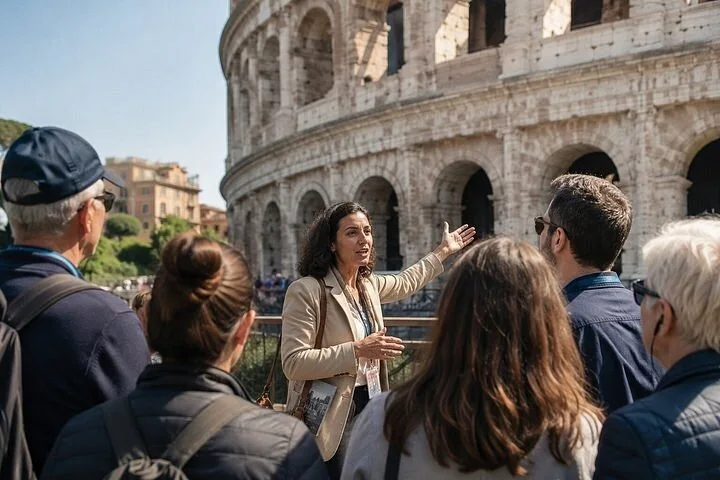 A guide speaking beside the Colosseum facade