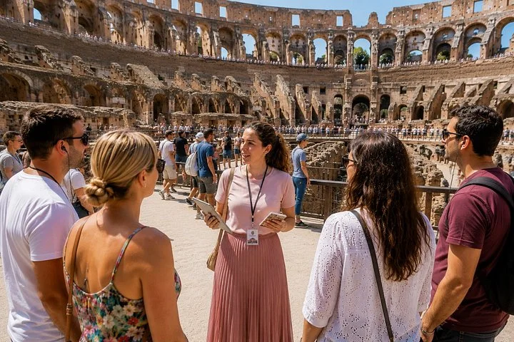 A guide speaking with visitors on the Colosseum arena