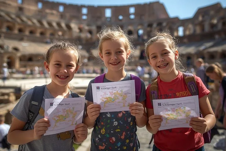 Children holding activity sheets inside the Colosseum