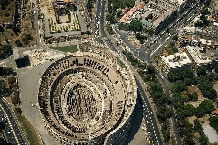 A top-down aerial view of the Colosseum