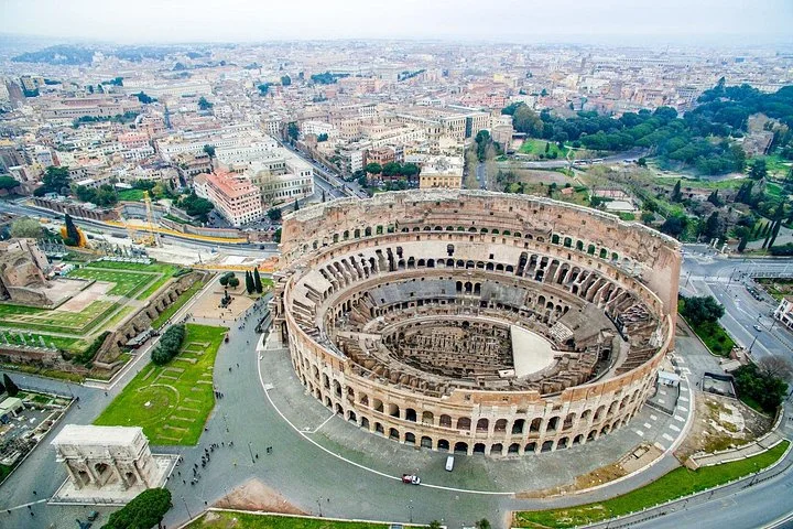 An aerial view of the Colosseum and surrounding Rome