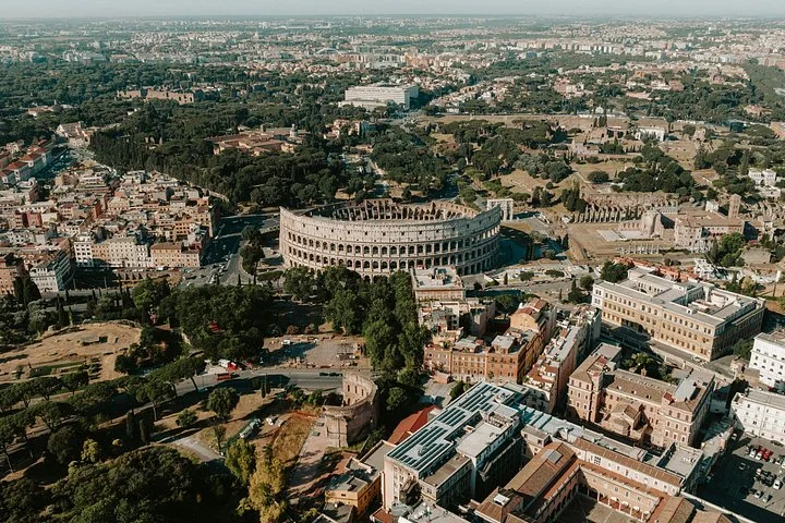 Aerial panorama of the Colosseum amid Rome