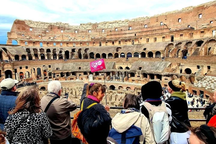An EcoArt guide explains the Colosseum from a visitor overlook.