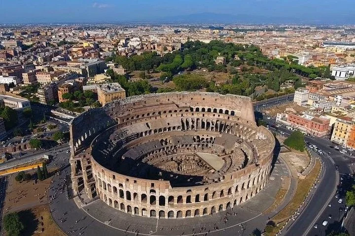 The Colosseum and surrounding Rome from the air