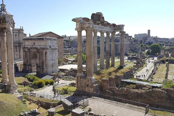 Temple columns and ancient roads in the Roman Forum