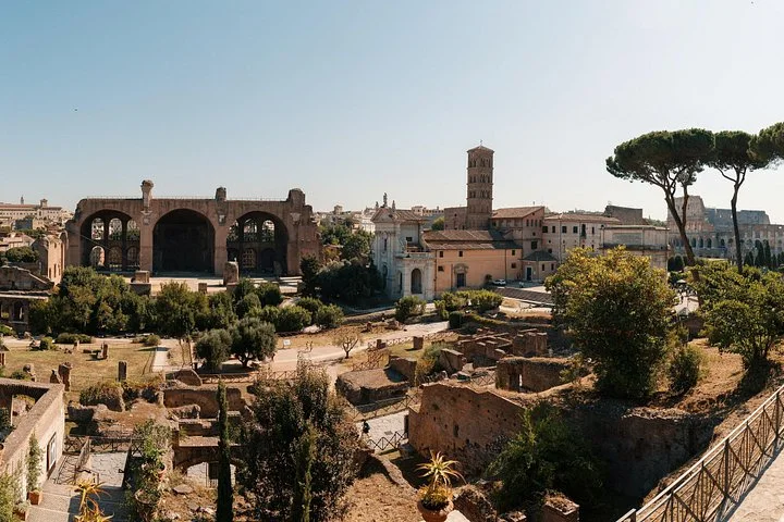 The Roman Forum and distant Colosseum seen from a Palatine Hill overlook.